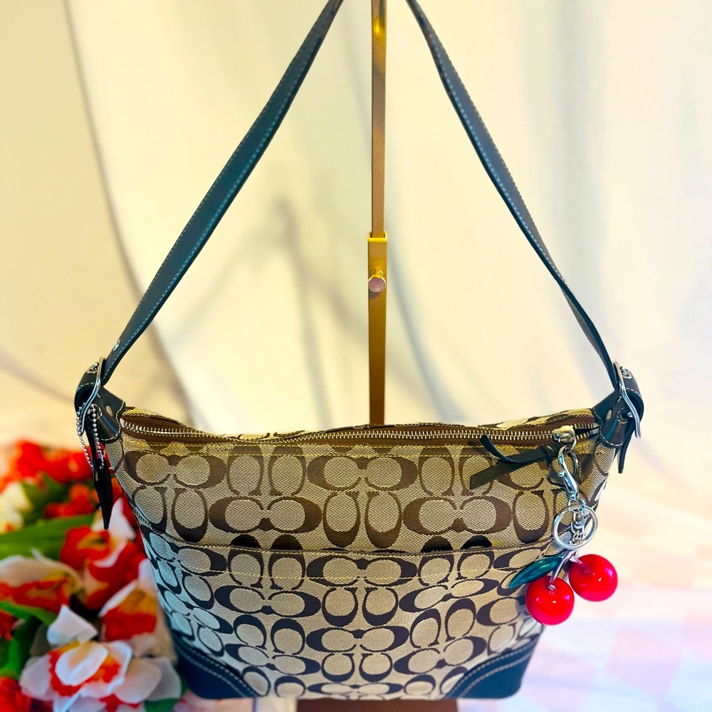 Coach Cream and Brown Signature Shoulder Bag